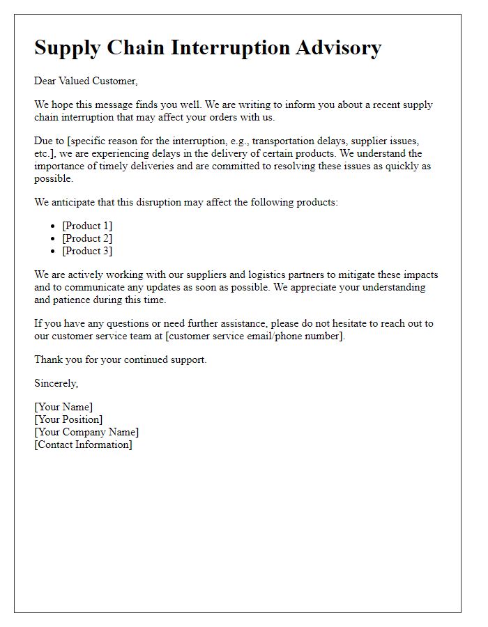 Letter template of supply chain interruption advisory for customers