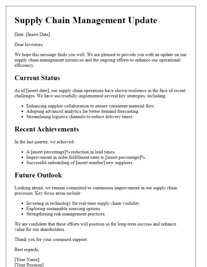 Letter template of supply chain management update for investors