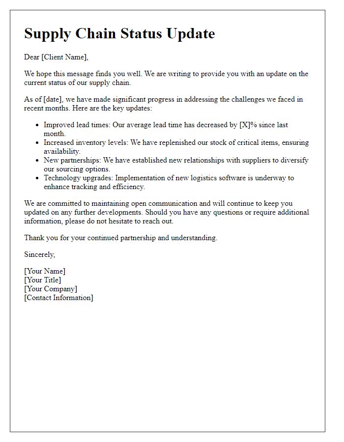 Letter template of updated supply chain status for clients