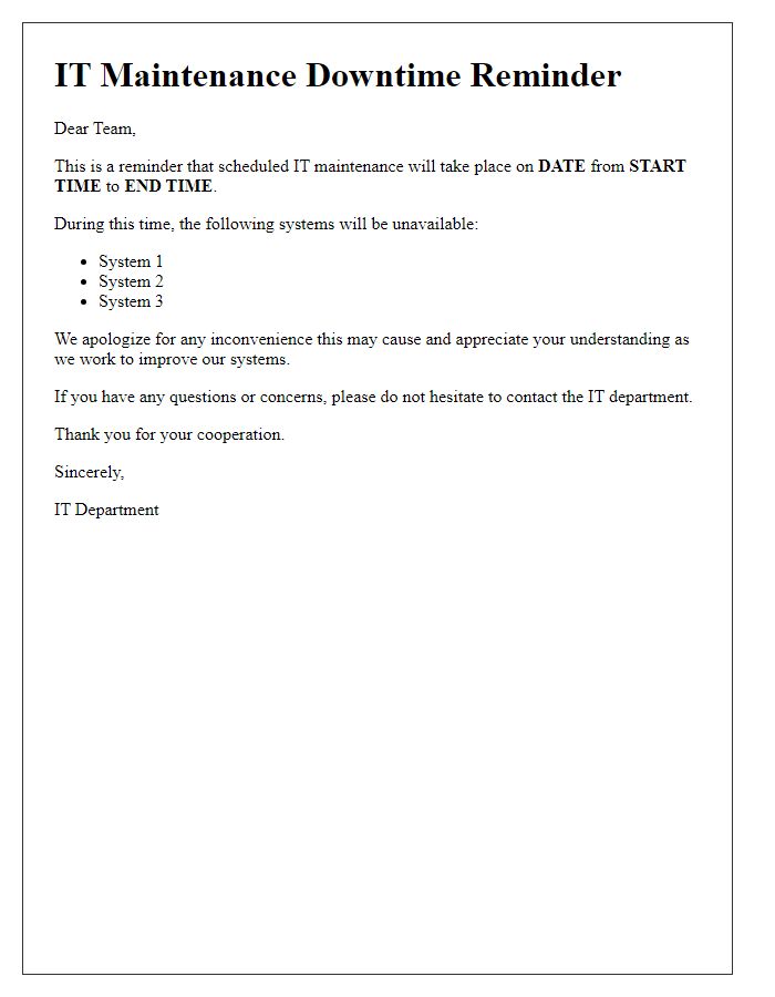 Letter template of IT Maintenance Downtime Reminder