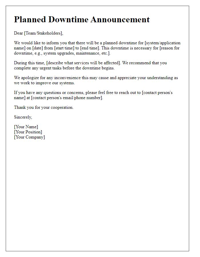 Letter template of Planned Downtime Announcement