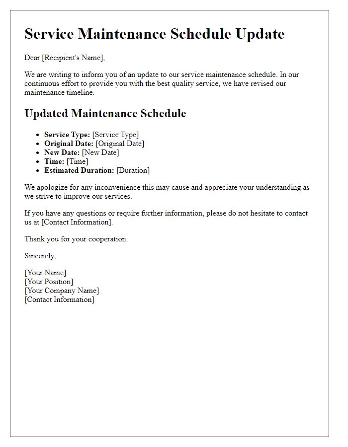 Letter template of Service Maintenance Schedule Update