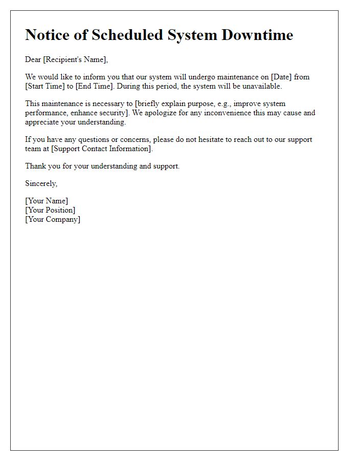 Letter template of Upcoming System Downtime Communication