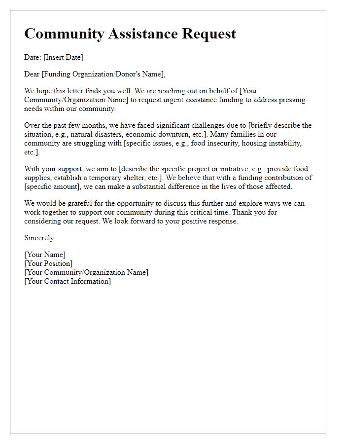 Letter template of a community-focused request for urgent assistance funding