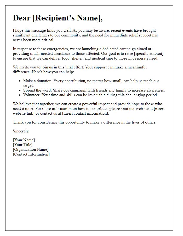 Letter template of a dedicated campaign for relief support in emergencies