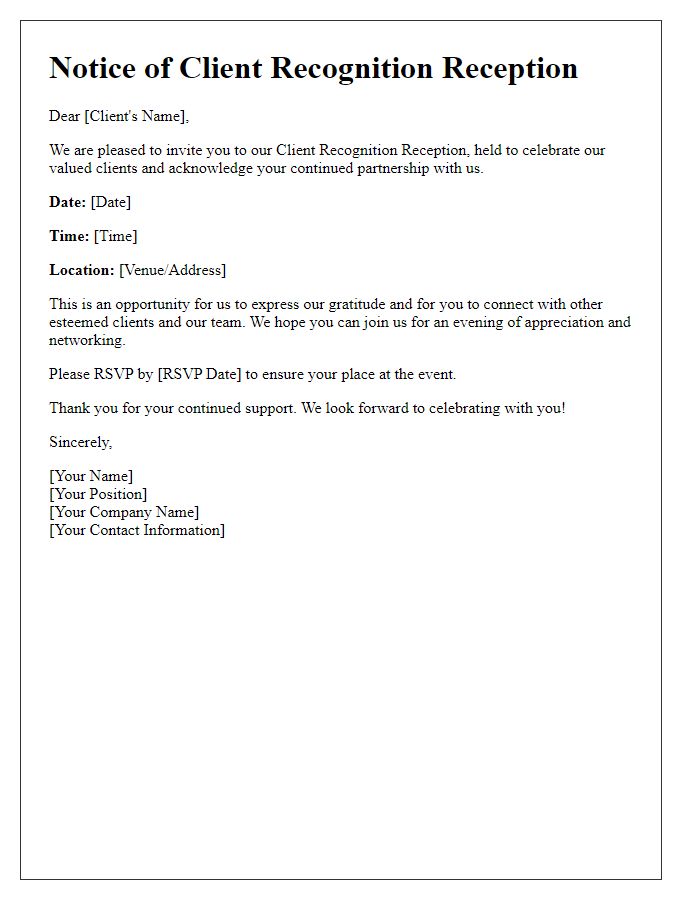 Letter template of Notice for Client Recognition Reception