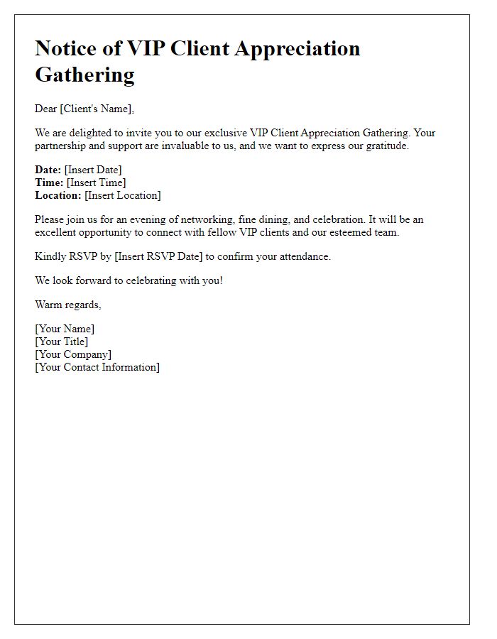 Letter template of Notice for VIP Client Appreciation Gathering