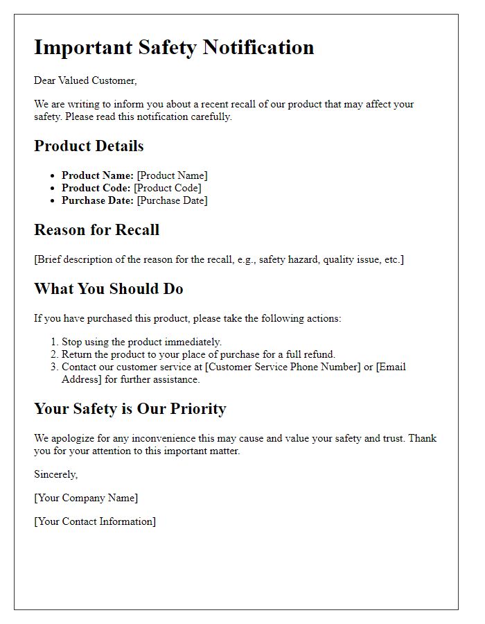 Letter template of consumer notification for recalled product.