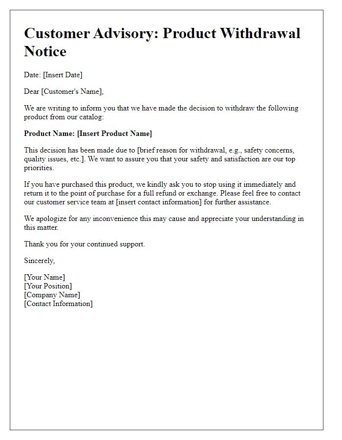 Letter template of customer advisory regarding product withdrawal.