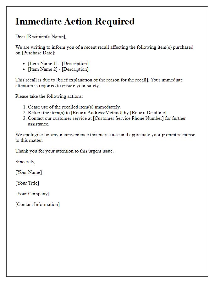 Letter template of immediate action required for recalled items.