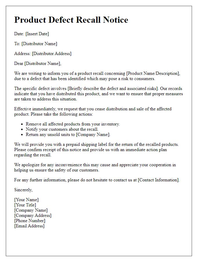 Letter template of product defect recall notice to distributors.