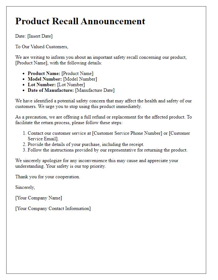 Letter template of product recall announcement for safety concerns.