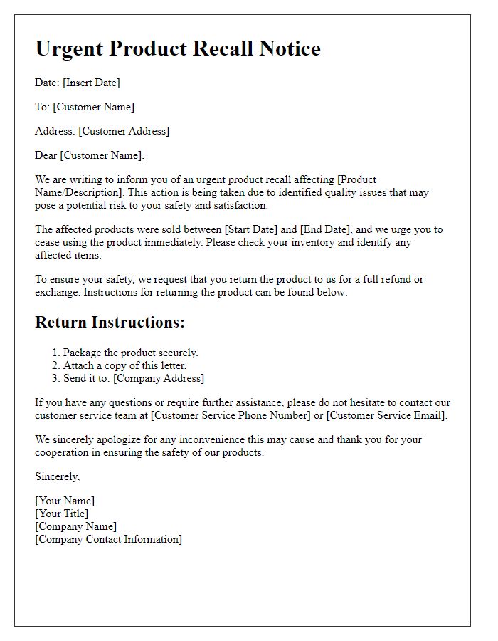 Letter template of urgent product recall for quality issues.