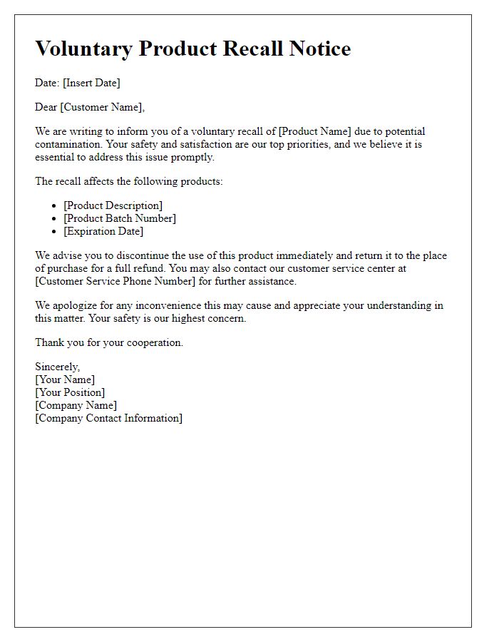 Letter template of voluntary product recall due to contamination.