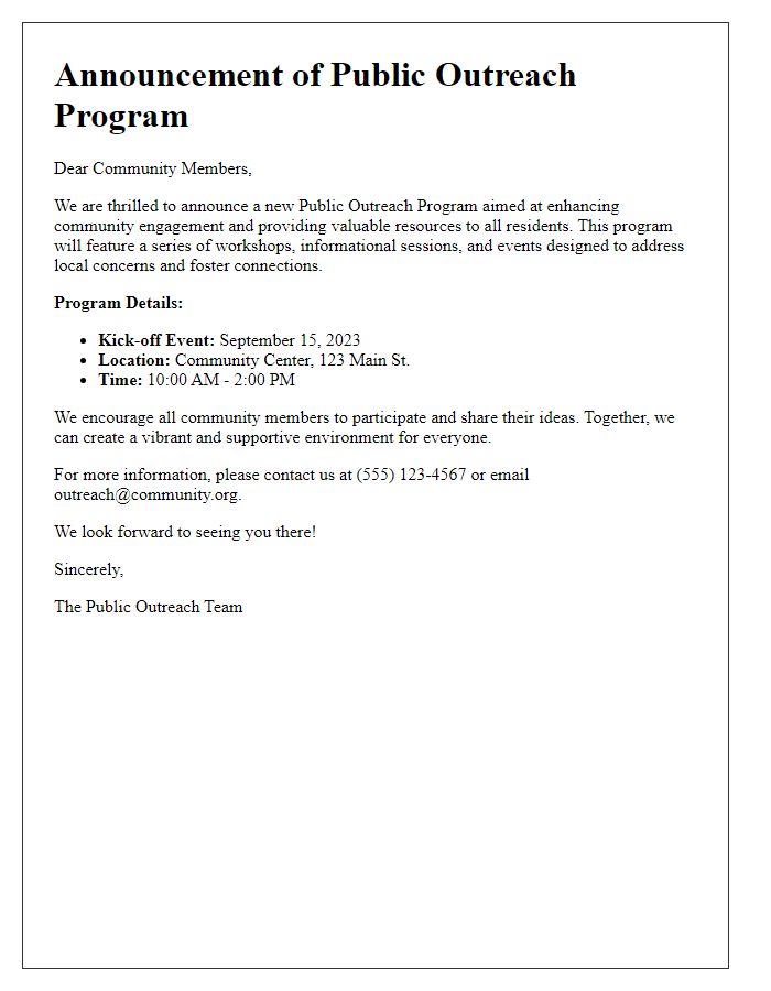 Letter template of Public Outreach Program Announcement