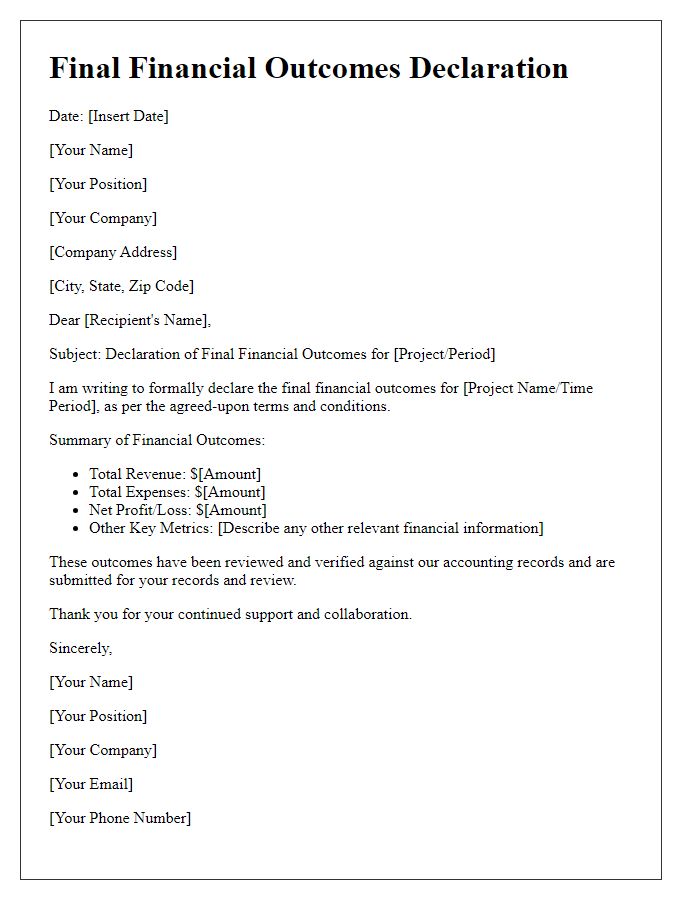 Letter template of final financial outcomes declaration