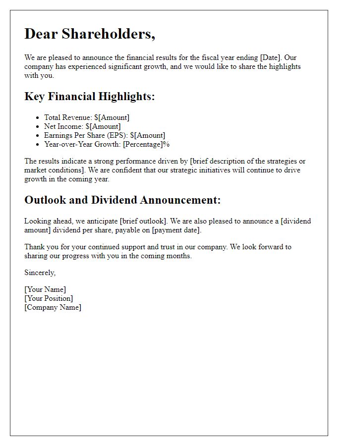 Letter template of financial outcome announcement for shareholders