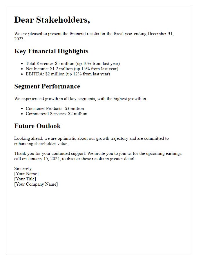 Letter template of financial results presentation to stakeholders