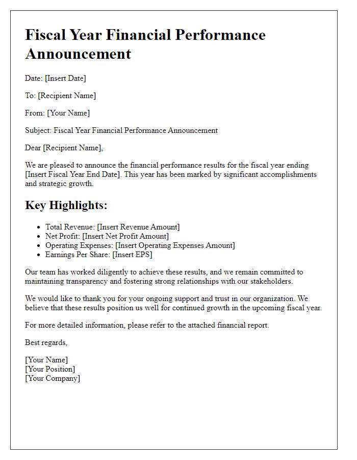 Letter template of fiscal year financial performance announcement