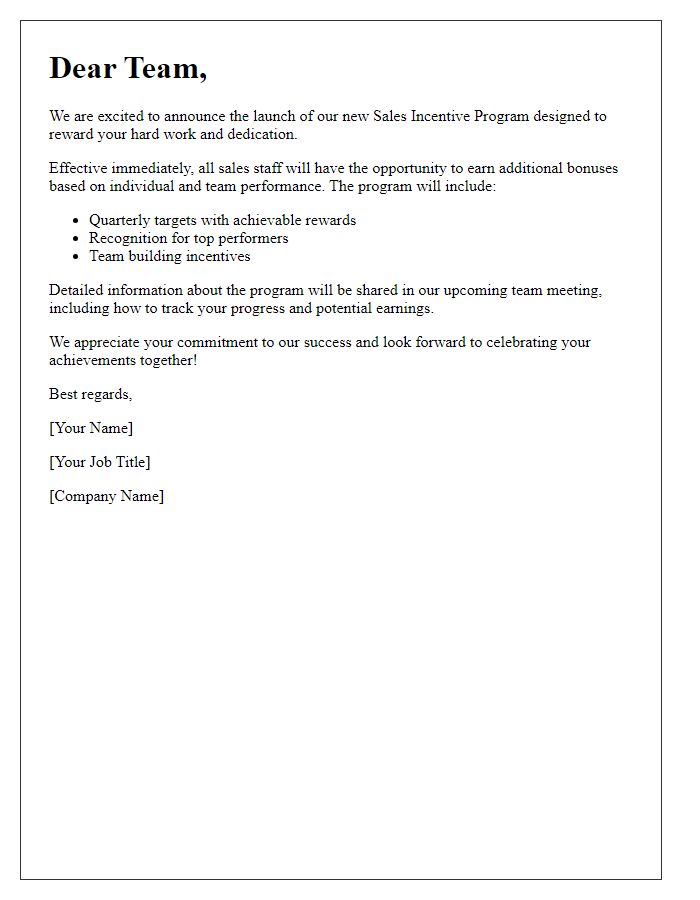 Letter template of sales incentive program announcement for all staff