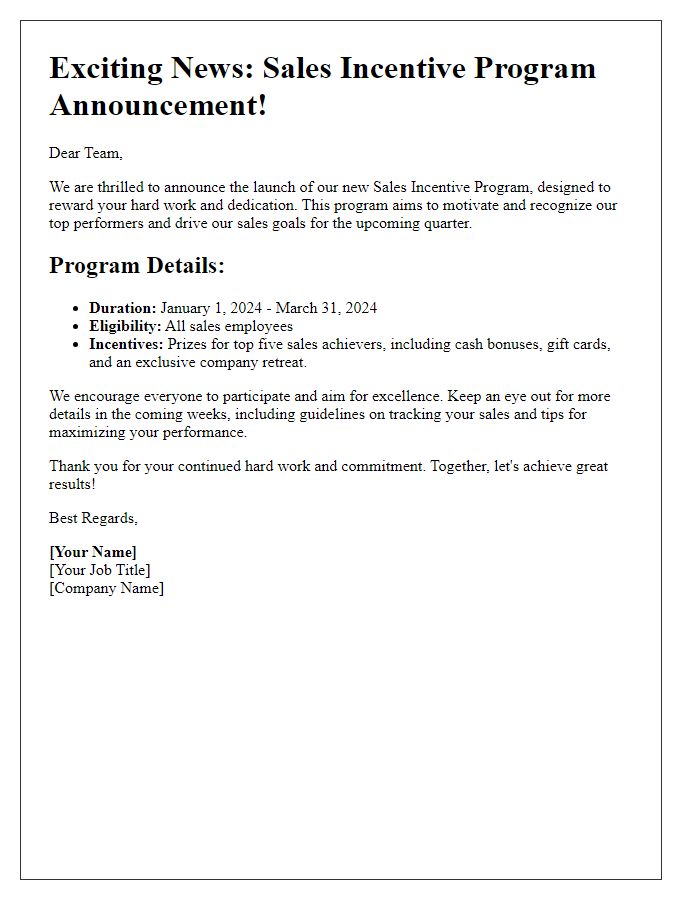 Letter template of sales incentive program announcement for employees