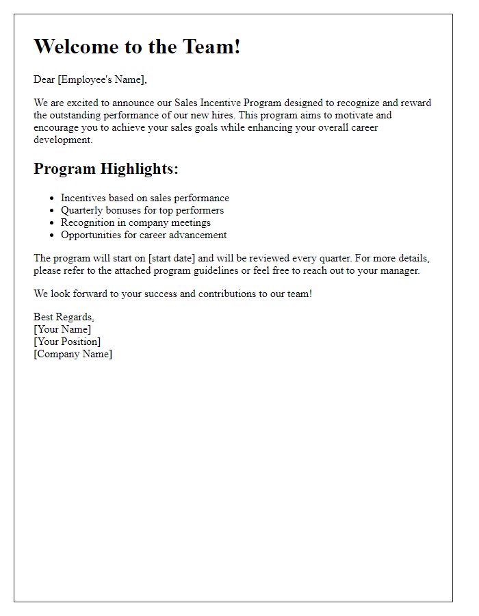 Letter template of sales incentive program announcement for new hires