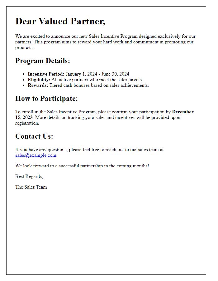 Letter template of sales incentive program announcement for partners