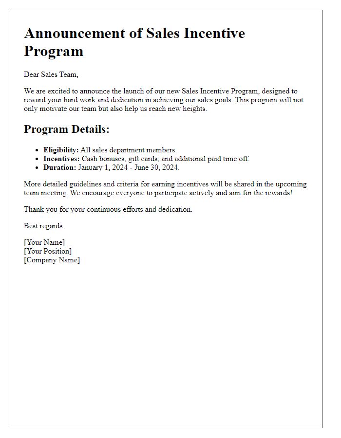 Letter template of sales incentive program announcement for the sales department