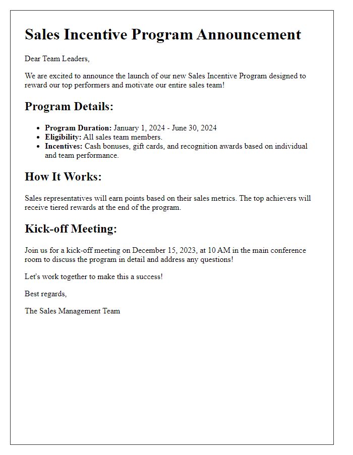 Letter template of sales incentive program announcement for team leaders