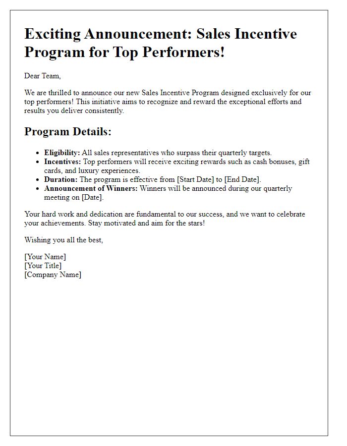 Letter template of sales incentive program announcement for top performers