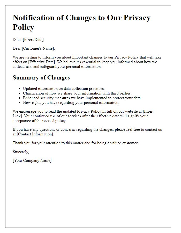 Letter template of changes to privacy policy explanation