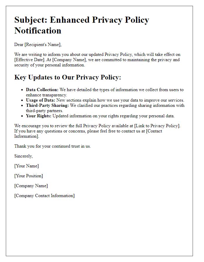 Letter template of enhanced privacy policy details