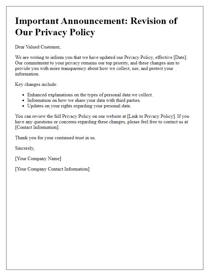 Letter template of privacy policy revision announcement