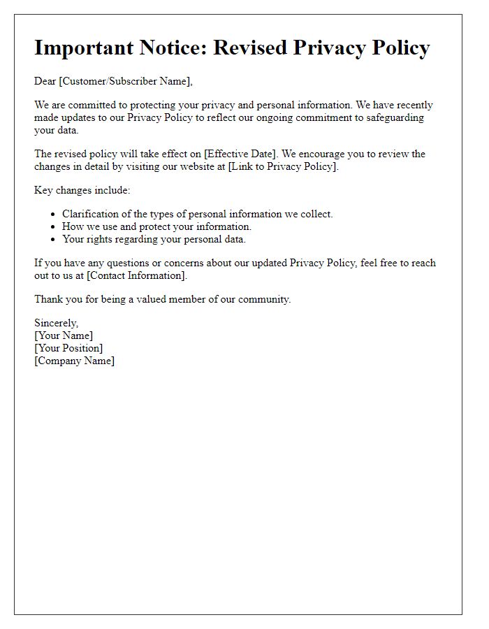 Letter template of revised privacy policy announcement