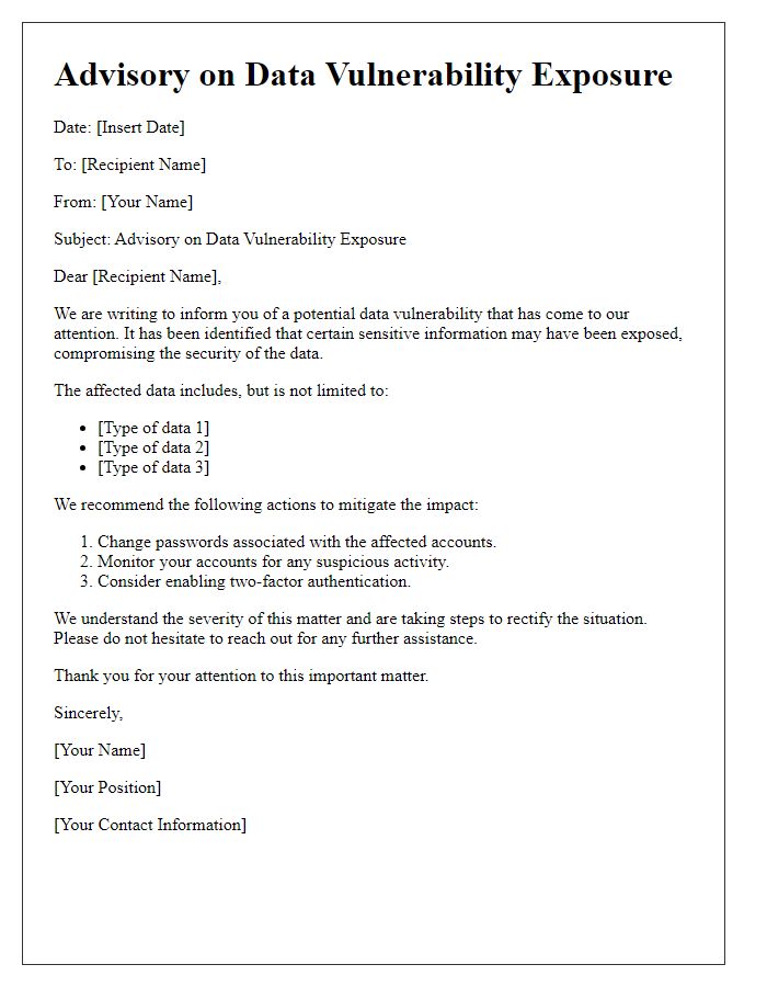 Letter template of advisory on data vulnerability exposure