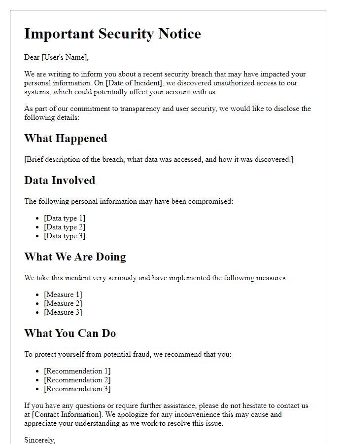 Letter template of disclosure for security breach impact on users