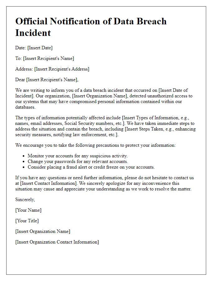 Letter template of official notification on data breach incident