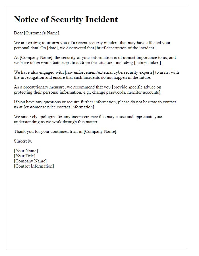 Letter template of response to security incident affecting customer data