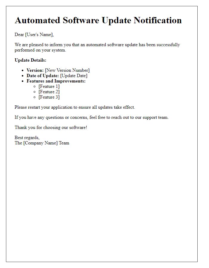 Letter template of automated software update notification