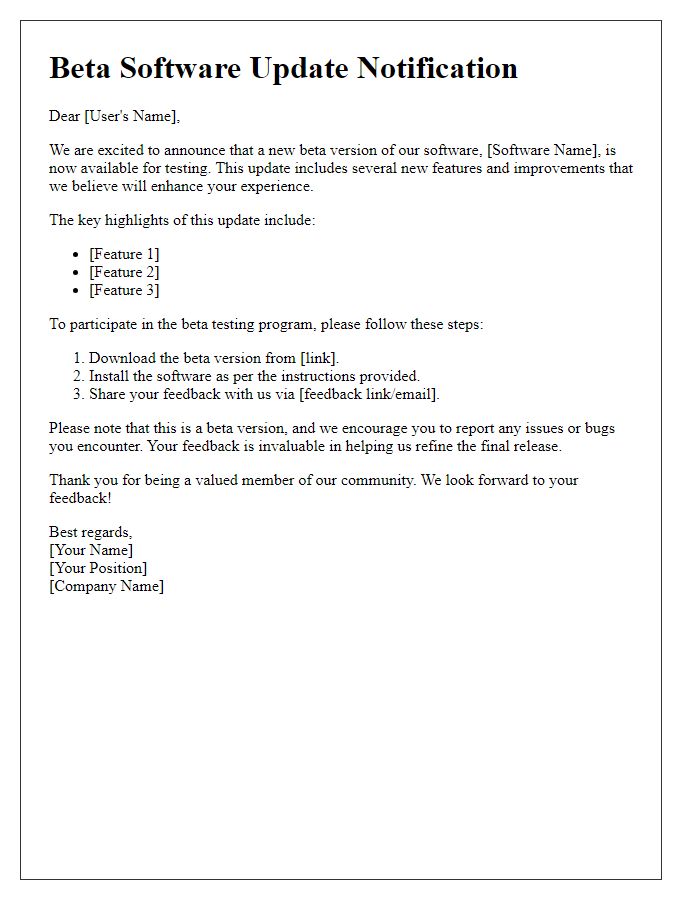 Letter template of beta software update availability