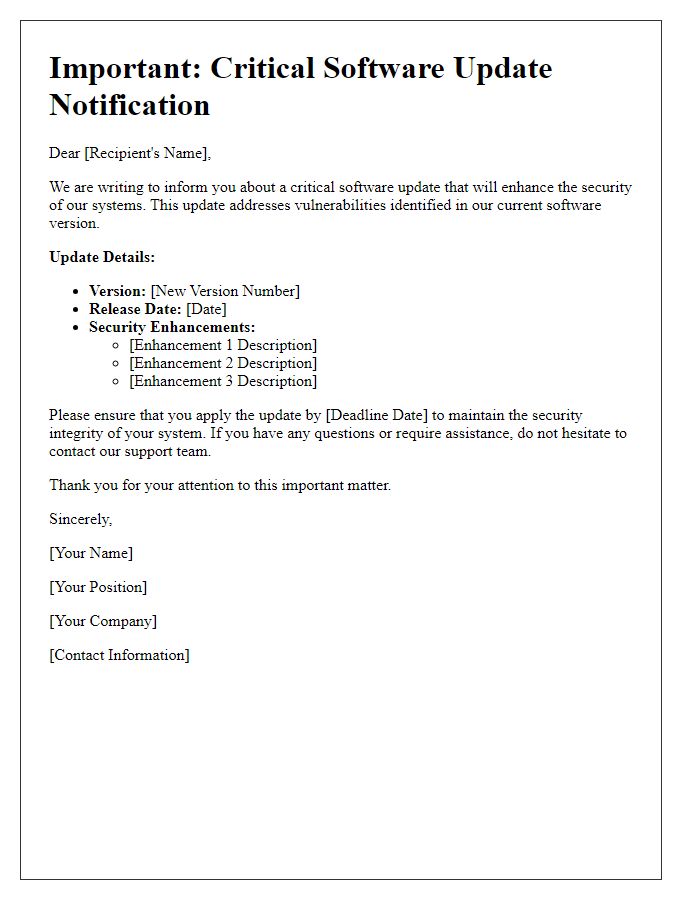 Letter template of critical software update security enhancements