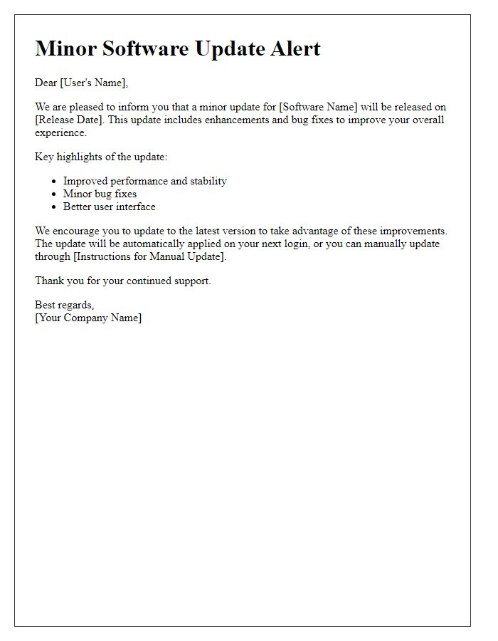 Letter template of minor software update alert