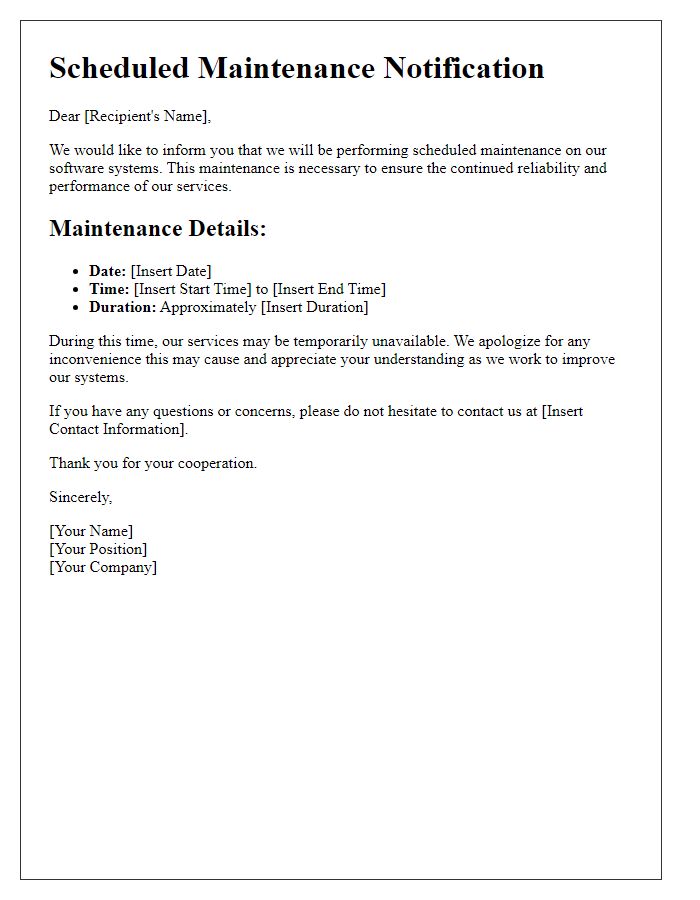 Letter template of scheduled software maintenance and update