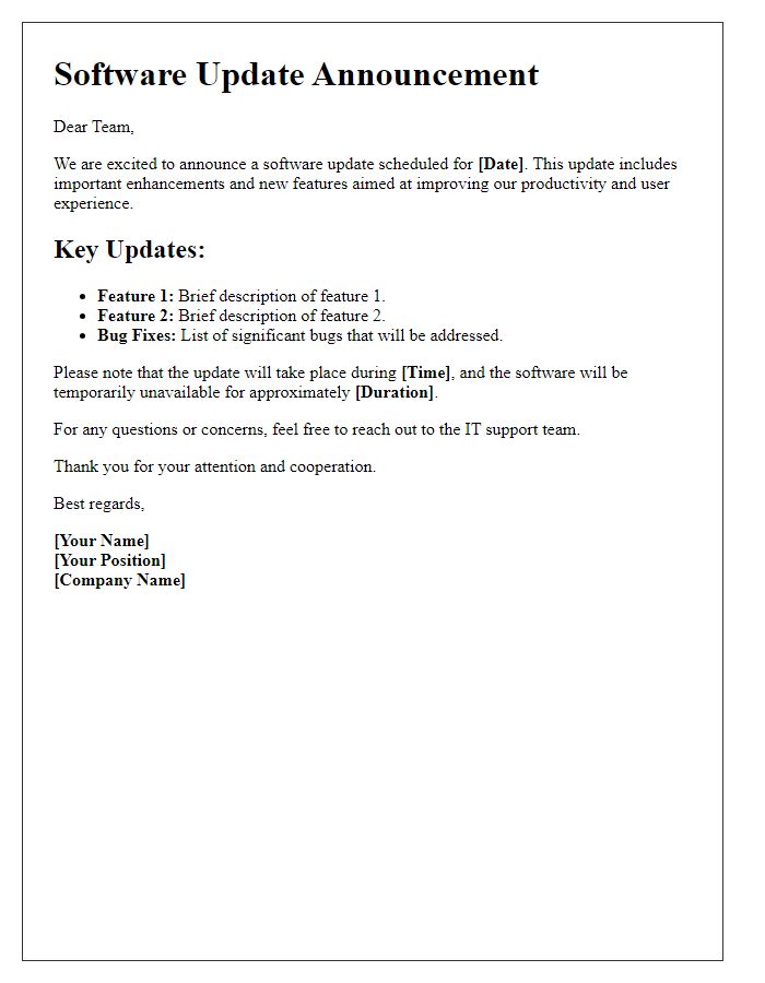 Letter template of software update announcement for internal teams