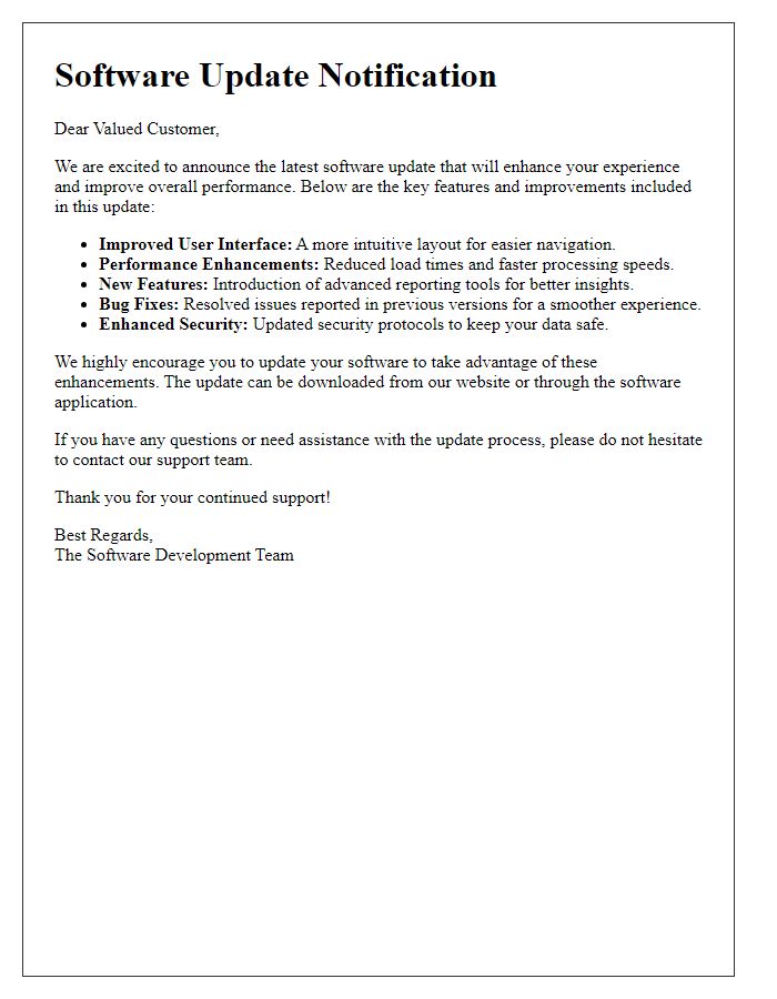 Letter template of software update improvements and features