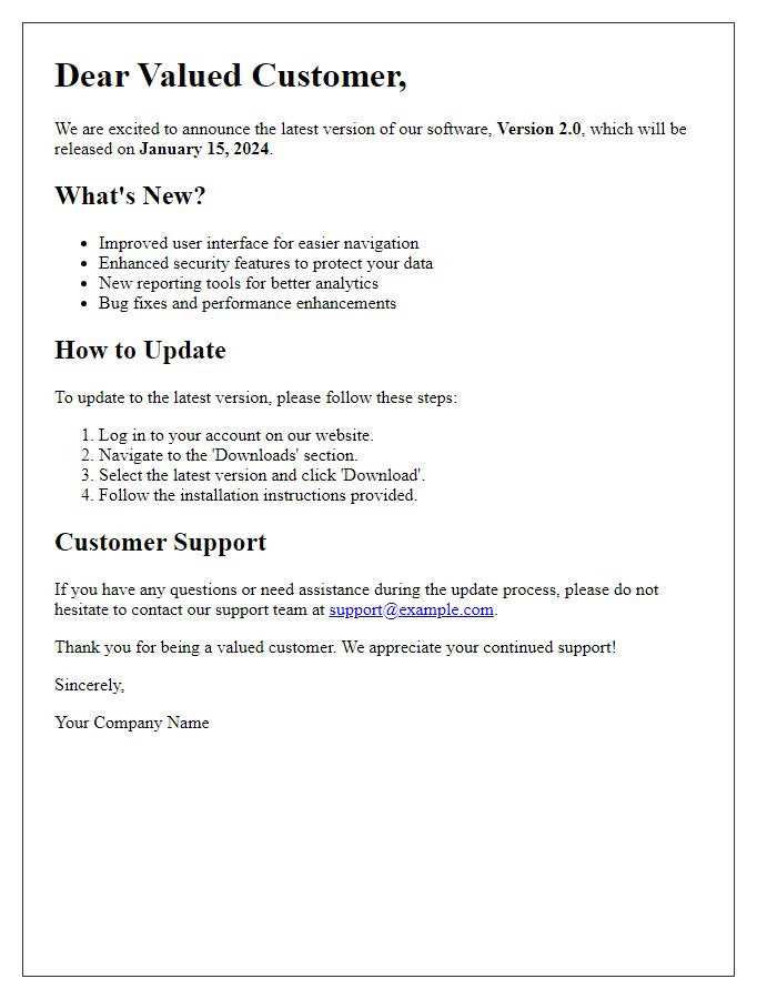 Letter template of software update release for customers