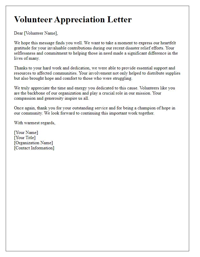 Letter template of volunteer appreciation for disaster relief contributions