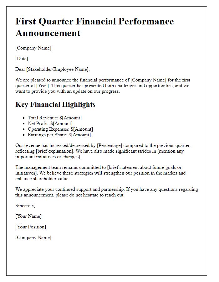 Letter template of first quarter financial performance announcement