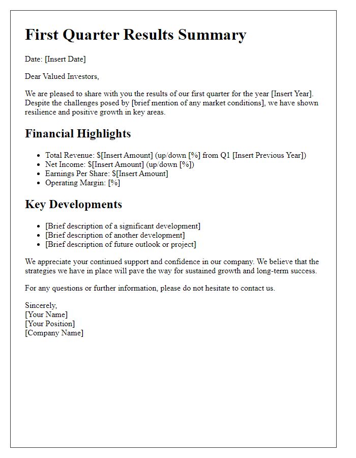 Letter template of first quarter results summary for investors