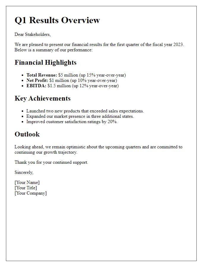 Letter template of Q1 results overview for stakeholders